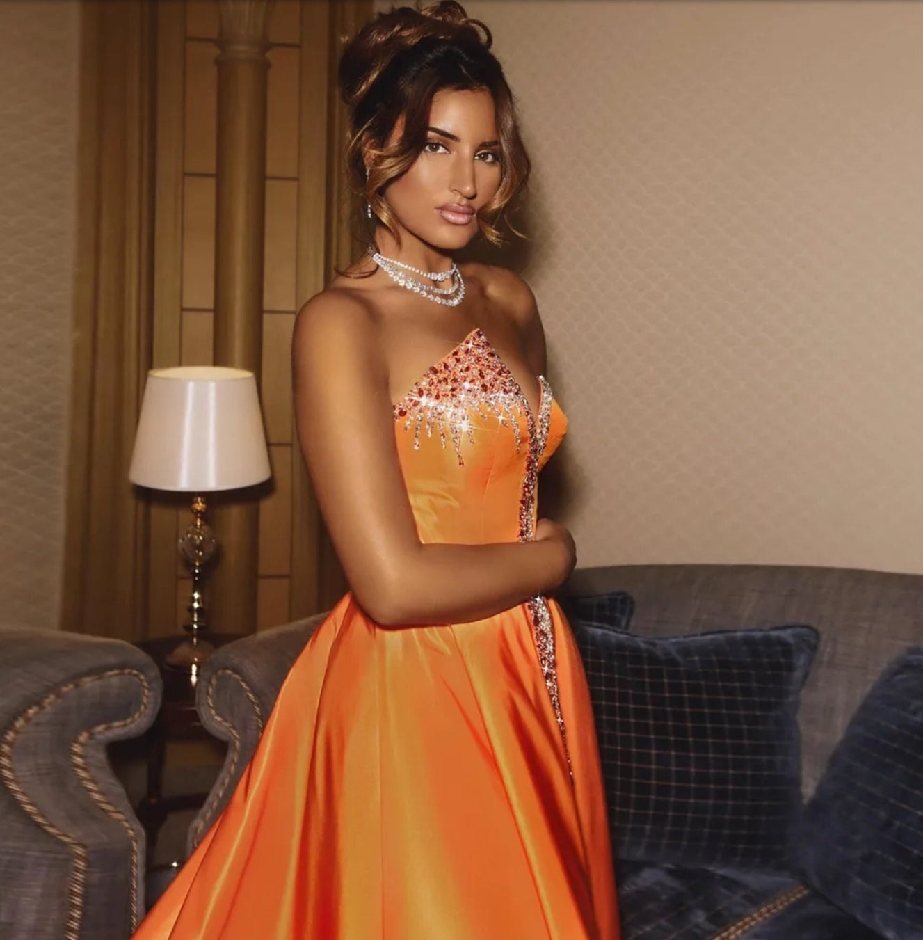 Sleeveless Orange Crystal Beaded Embellished Trimmed Irregular V Neck High Split Hem Special Occasion Evening Gown