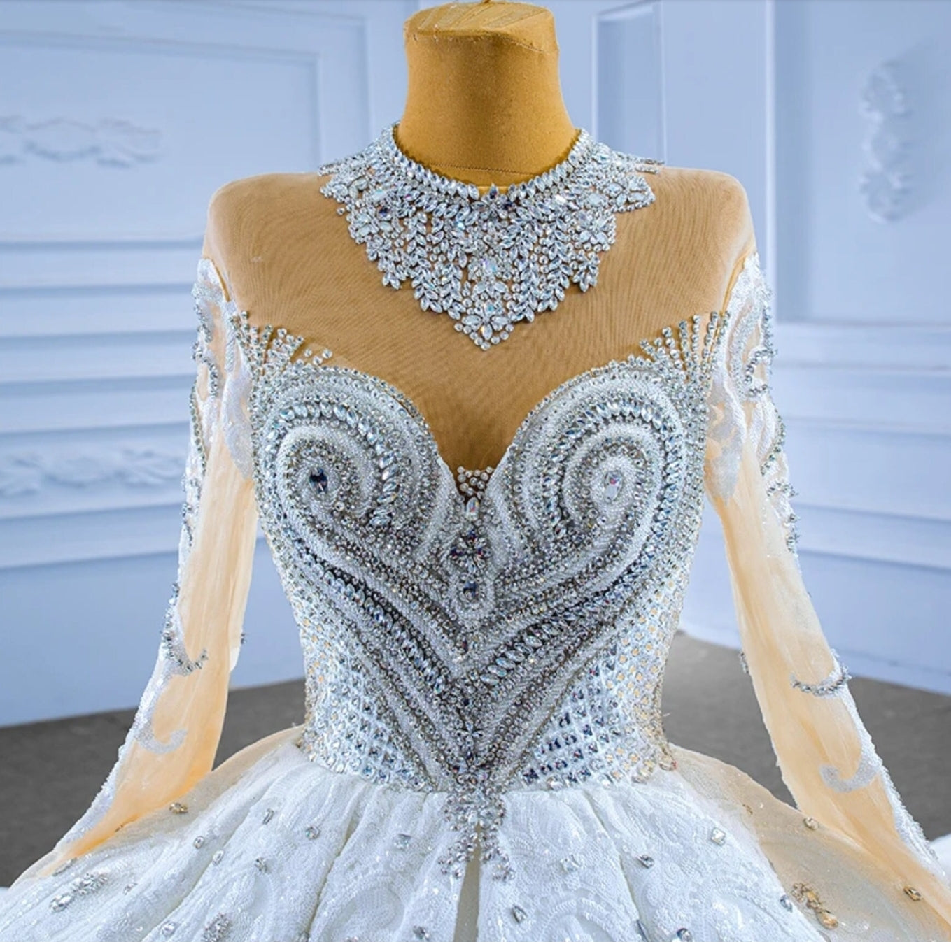 2024 Bold Multi Beaded Sheer Long Sleeve Illusion Sweetheart Neckline With Scattered Embellishments Throughout A-Line Bridal Gown