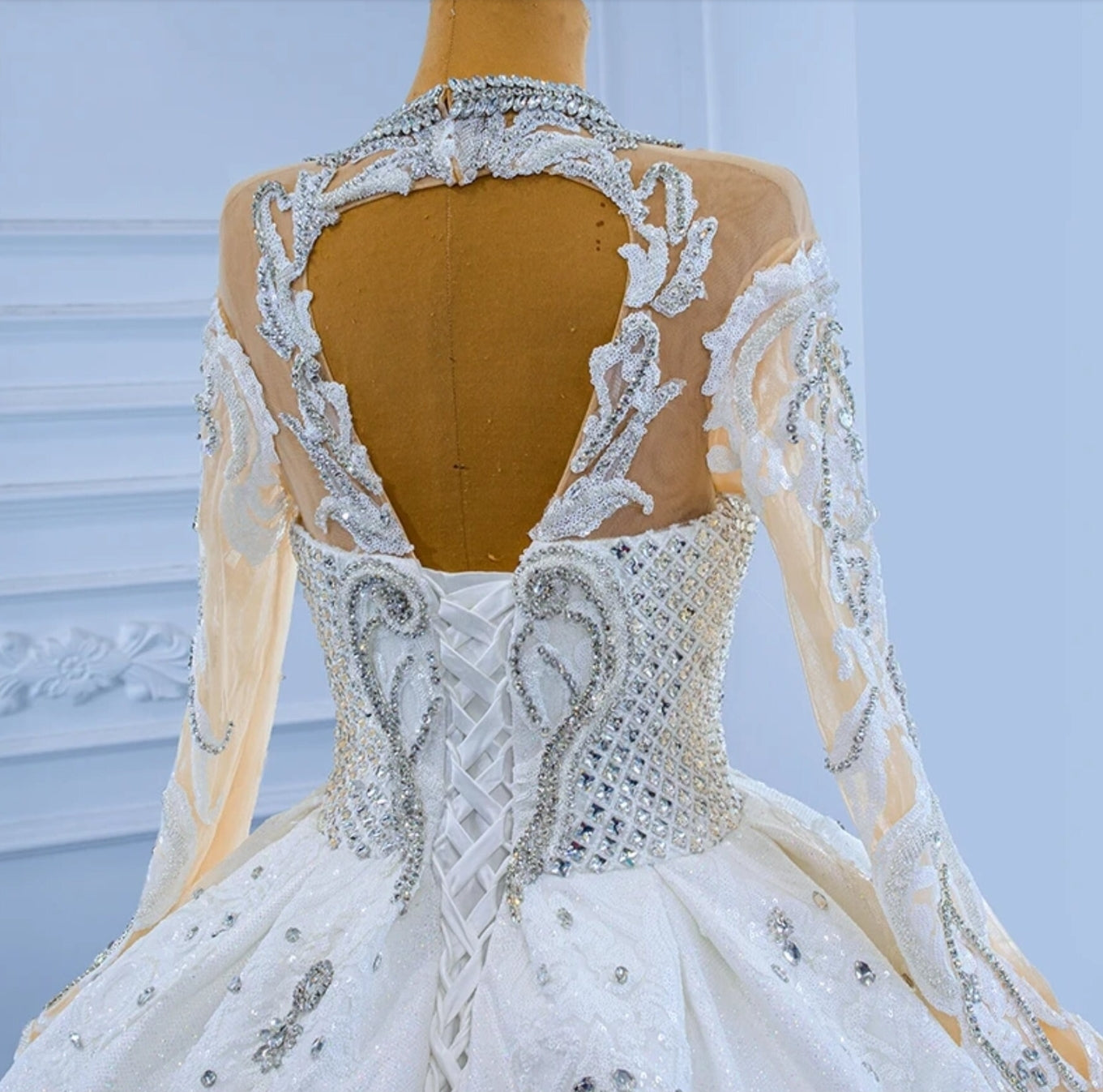 2024 Bold Multi Beaded Sheer Long Sleeve Illusion Sweetheart Neckline With Scattered Embellishments Throughout A-Line Bridal Gown