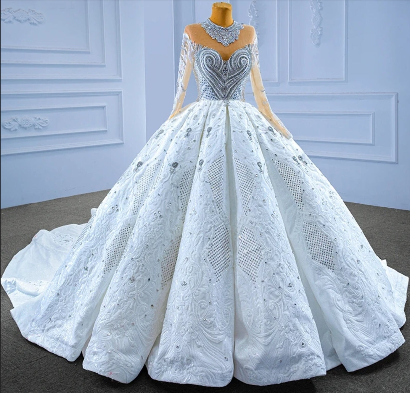 2024 Bold Multi Beaded Sheer Long Sleeve Illusion Sweetheart Neckline With Scattered Embellishments Throughout A-Line Bridal Gown