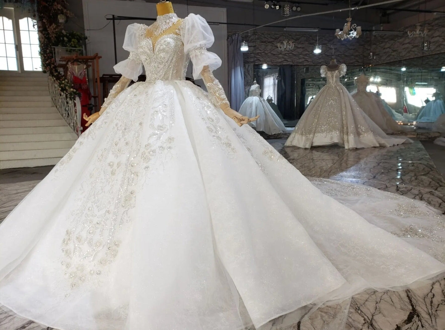2024 Magical Victorian Inspired Multi Beaded Crystal Shimmering Sequinned Princess Gown & Gathered Long Sleeves And Floral Beading Accents