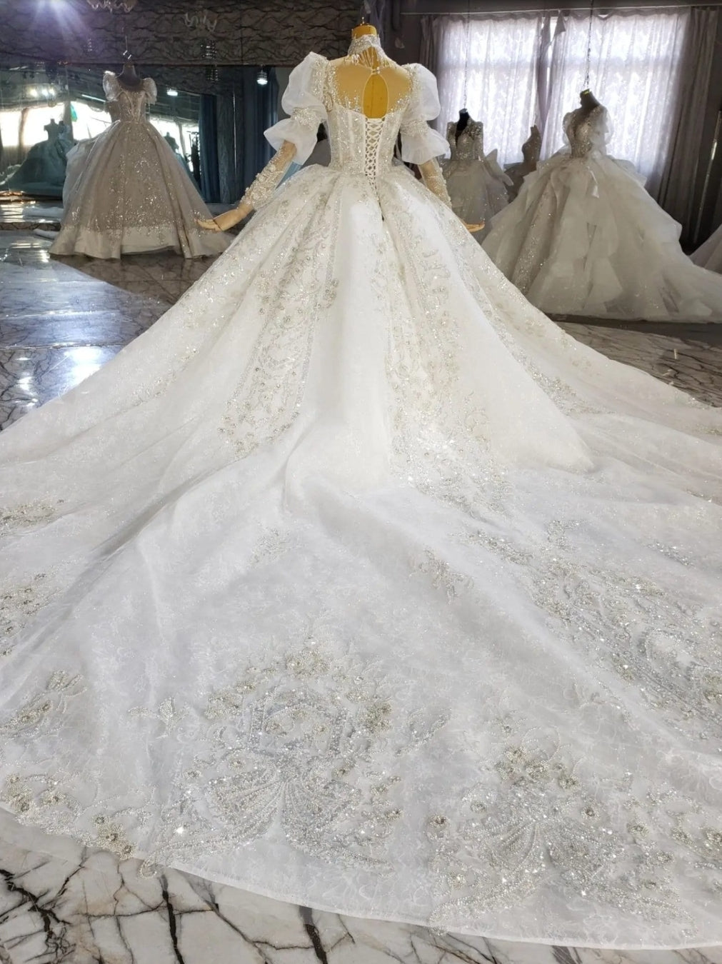 2024 Magical Victorian Inspired Multi Beaded Crystal Shimmering Sequinned Princess Gown & Gathered Long Sleeves And Floral Beading Accents