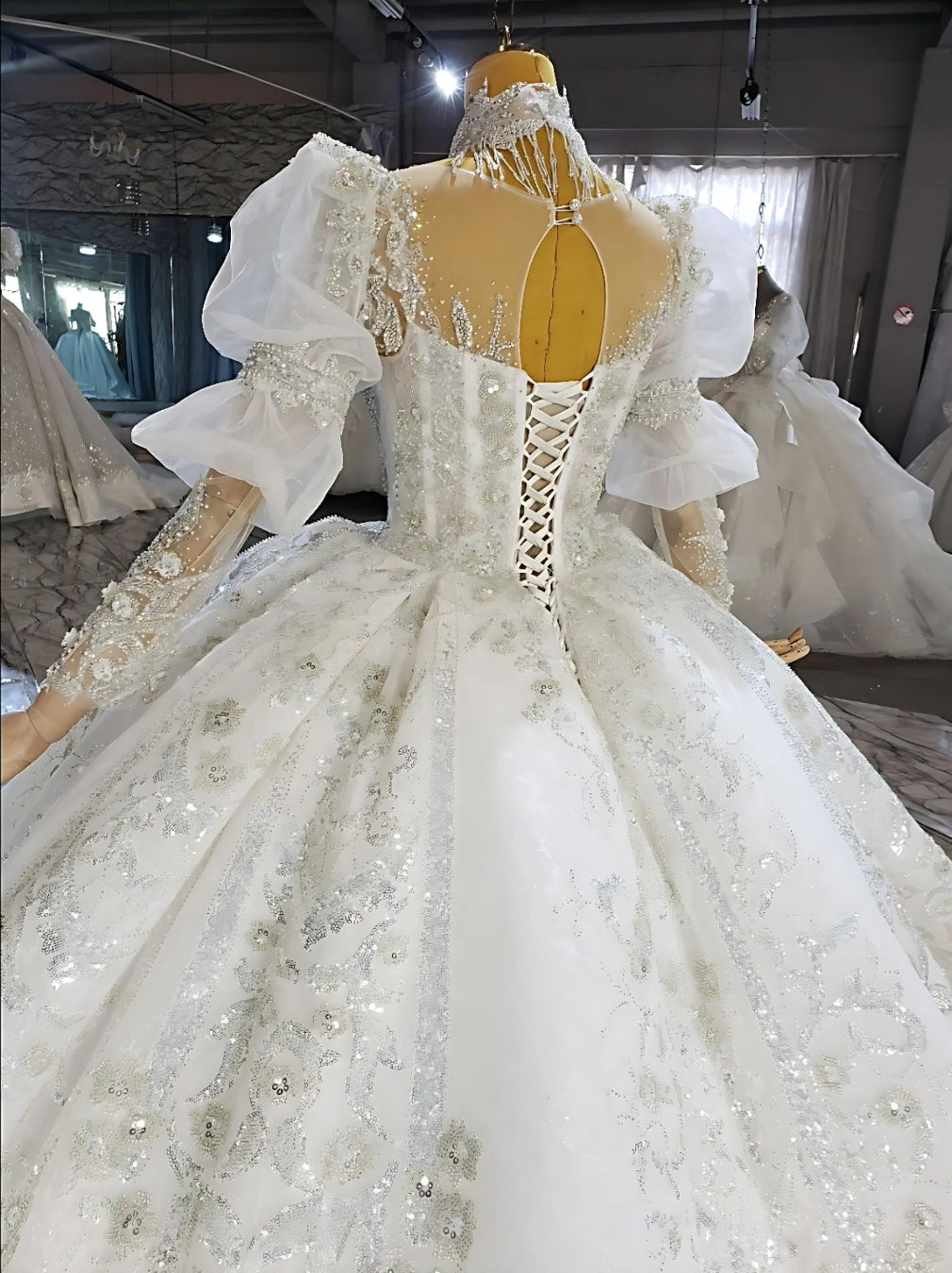 2024 Magical Victorian Inspired Multi Beaded Crystal Shimmering Sequinned Princess Gown & Gathered Long Sleeves And Floral Beading Accents