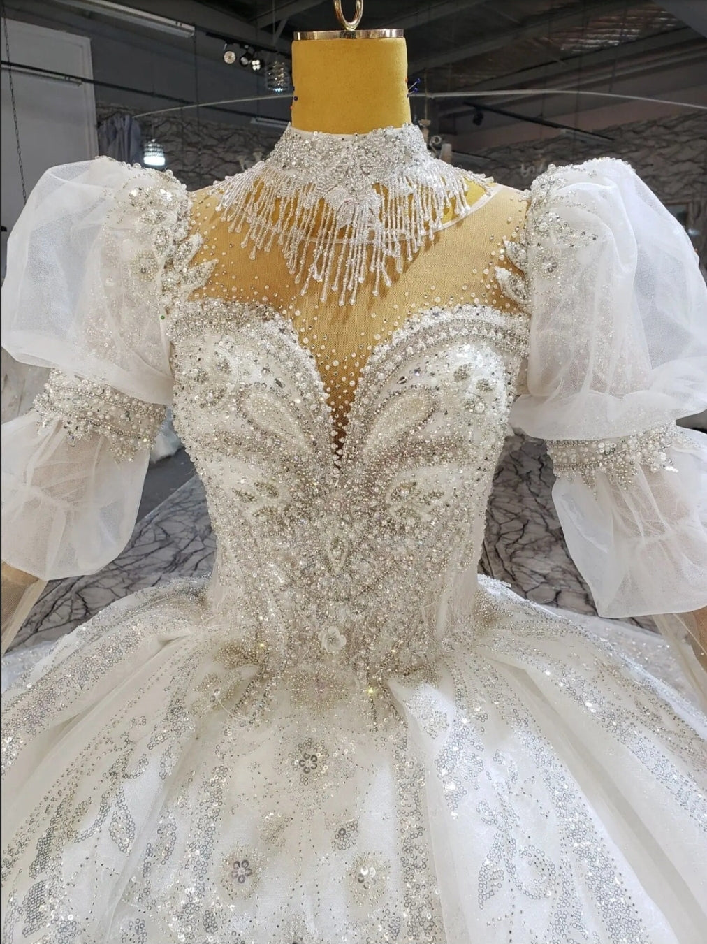 2024 Magical Victorian Inspired Multi Beaded Crystal Shimmering Sequinned Princess Gown & Gathered Long Sleeves And Floral Beading Accents