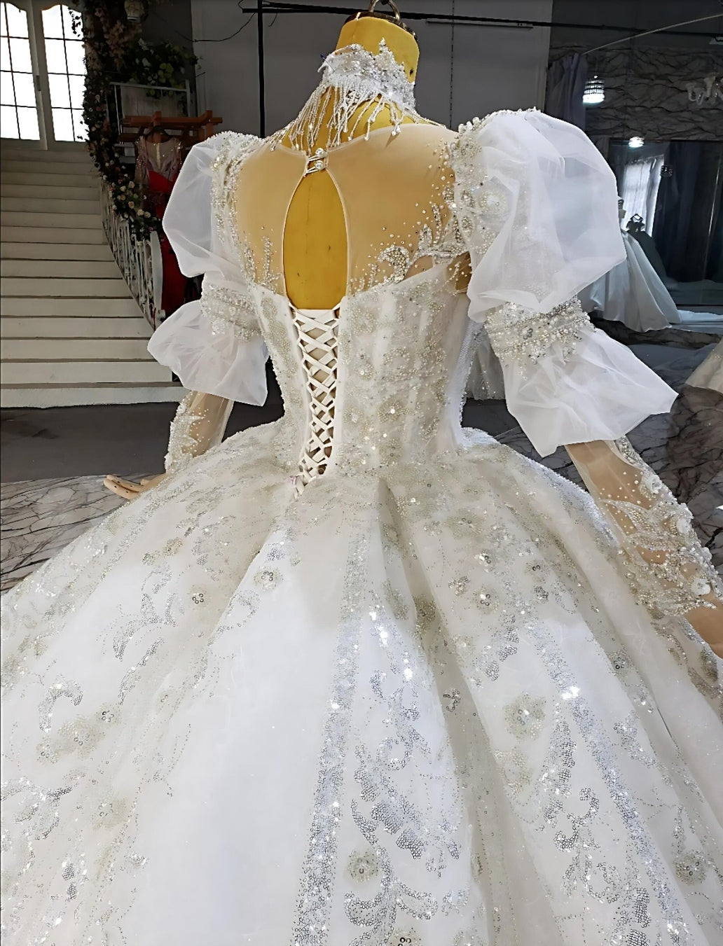 2024 Magical Victorian Inspired Multi Beaded Crystal Shimmering Sequinned Princess Gown & Gathered Long Sleeves And Floral Beading Accents