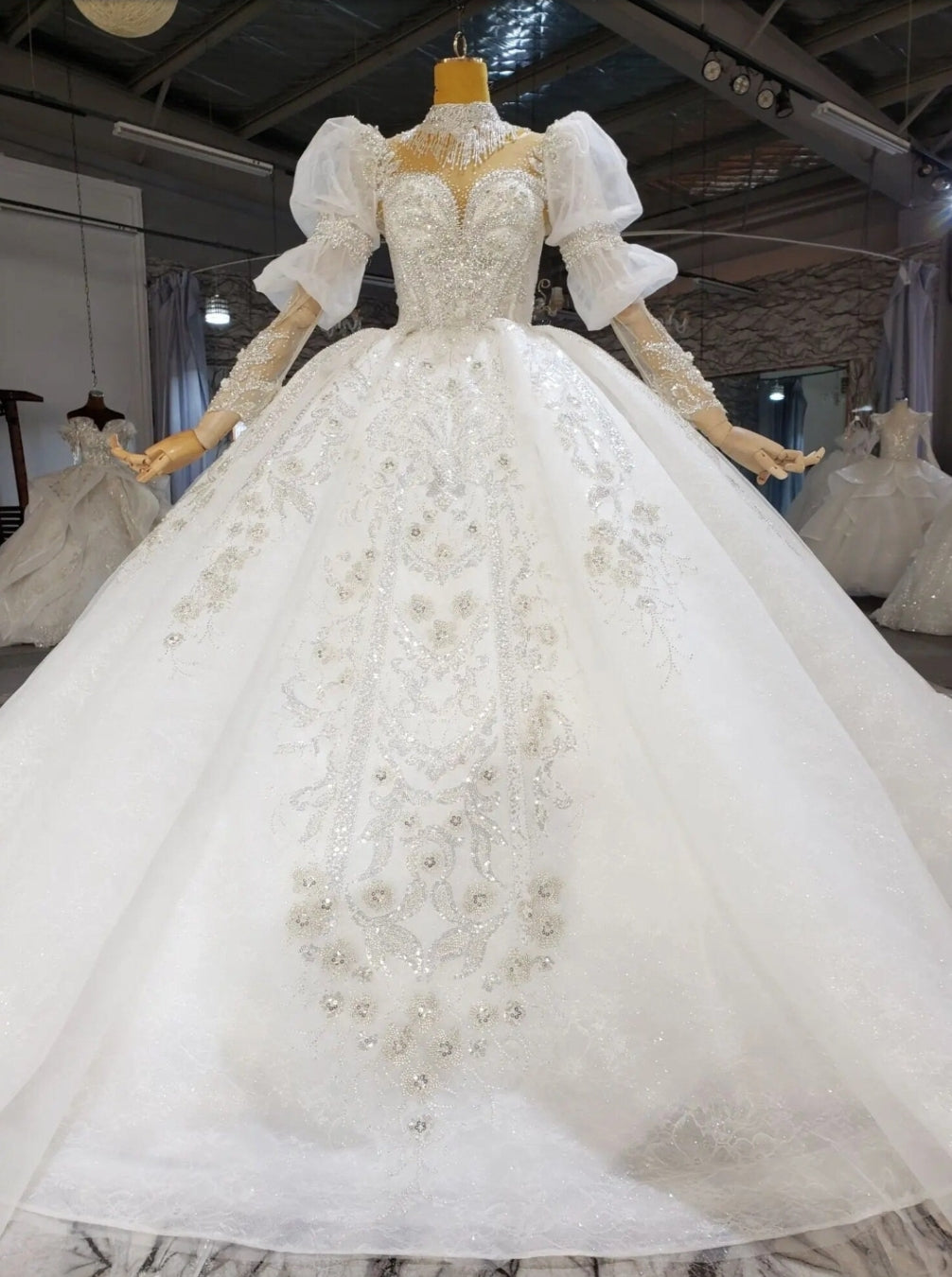 2024 Magical Victorian Inspired Multi Beaded Crystal Shimmering Sequinned Princess Gown & Gathered Long Sleeves And Floral Beading Accents