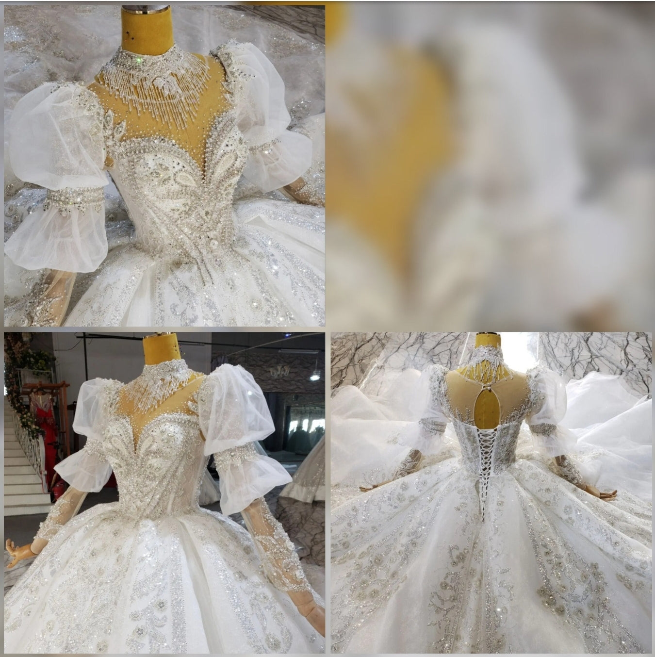 2024 Magical Victorian Inspired Multi Beaded Crystal Shimmering Sequinned Princess Gown & Gathered Long Sleeves And Floral Beading Accents