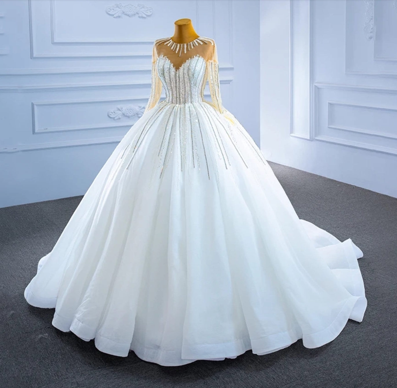 Long Sleeve Sweetheart Illusion Sequin Beaded Accented Princess A-Line Bridal Gown