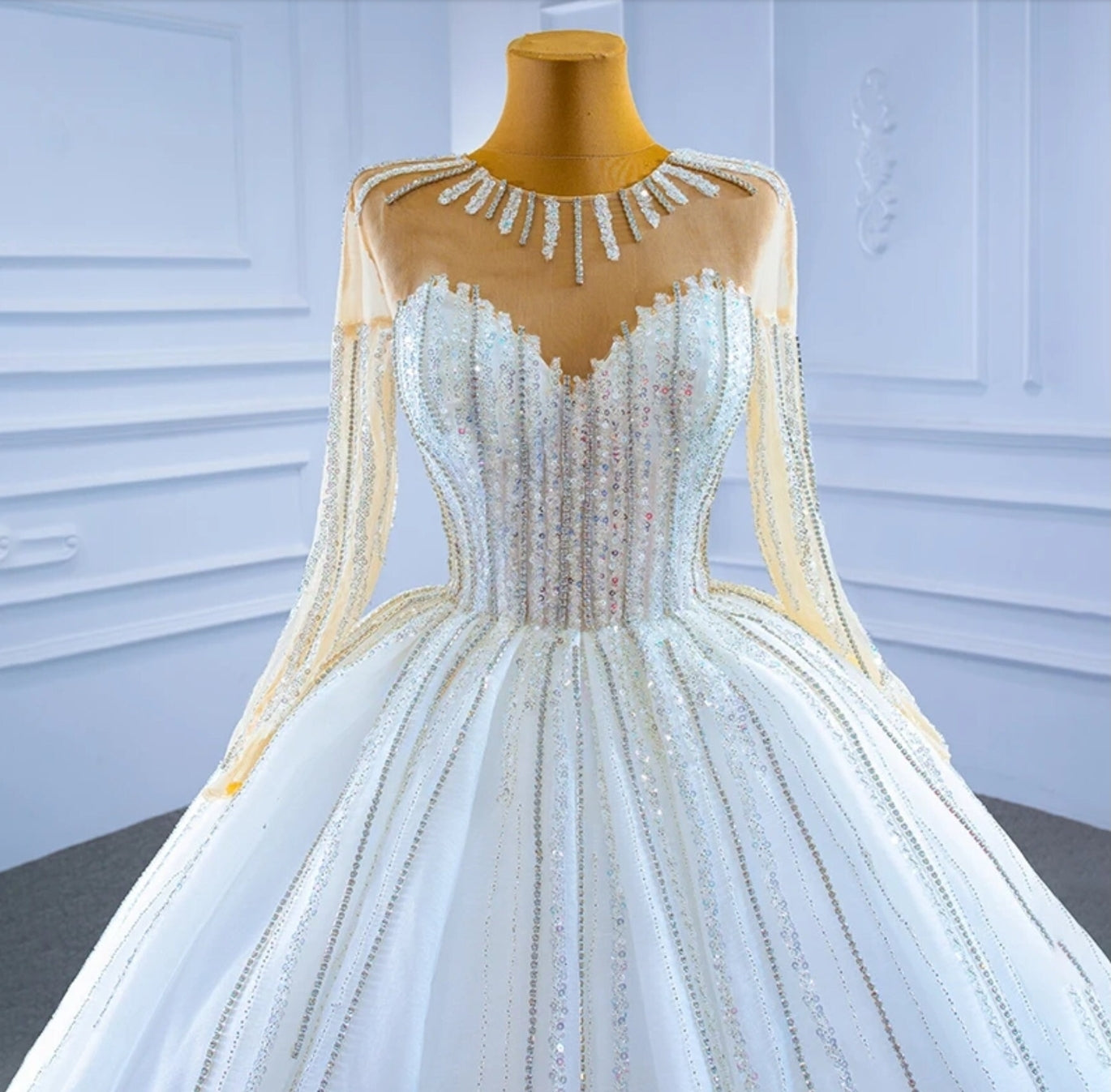 Long Sleeve Sweetheart Illusion Sequin Beaded Accented Princess A-Line Bridal Gown