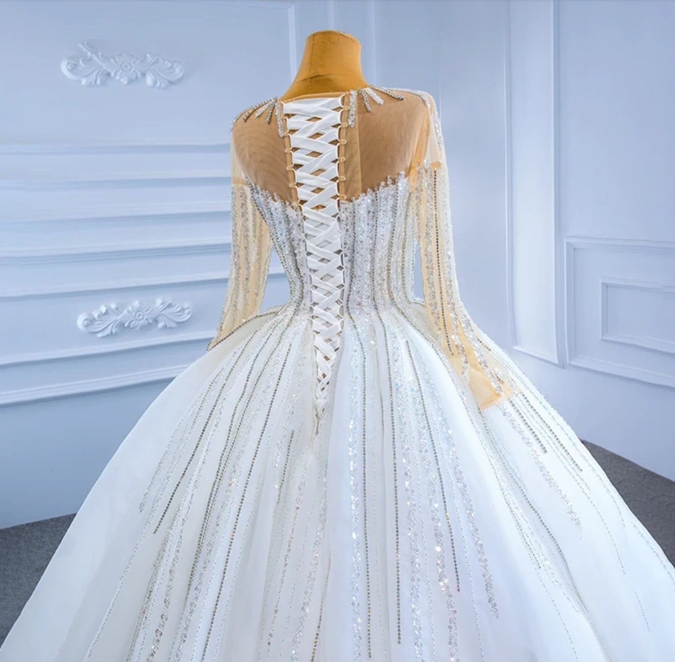 Long Sleeve Sweetheart Illusion Sequin Beaded Accented Princess A-Line Bridal Gown