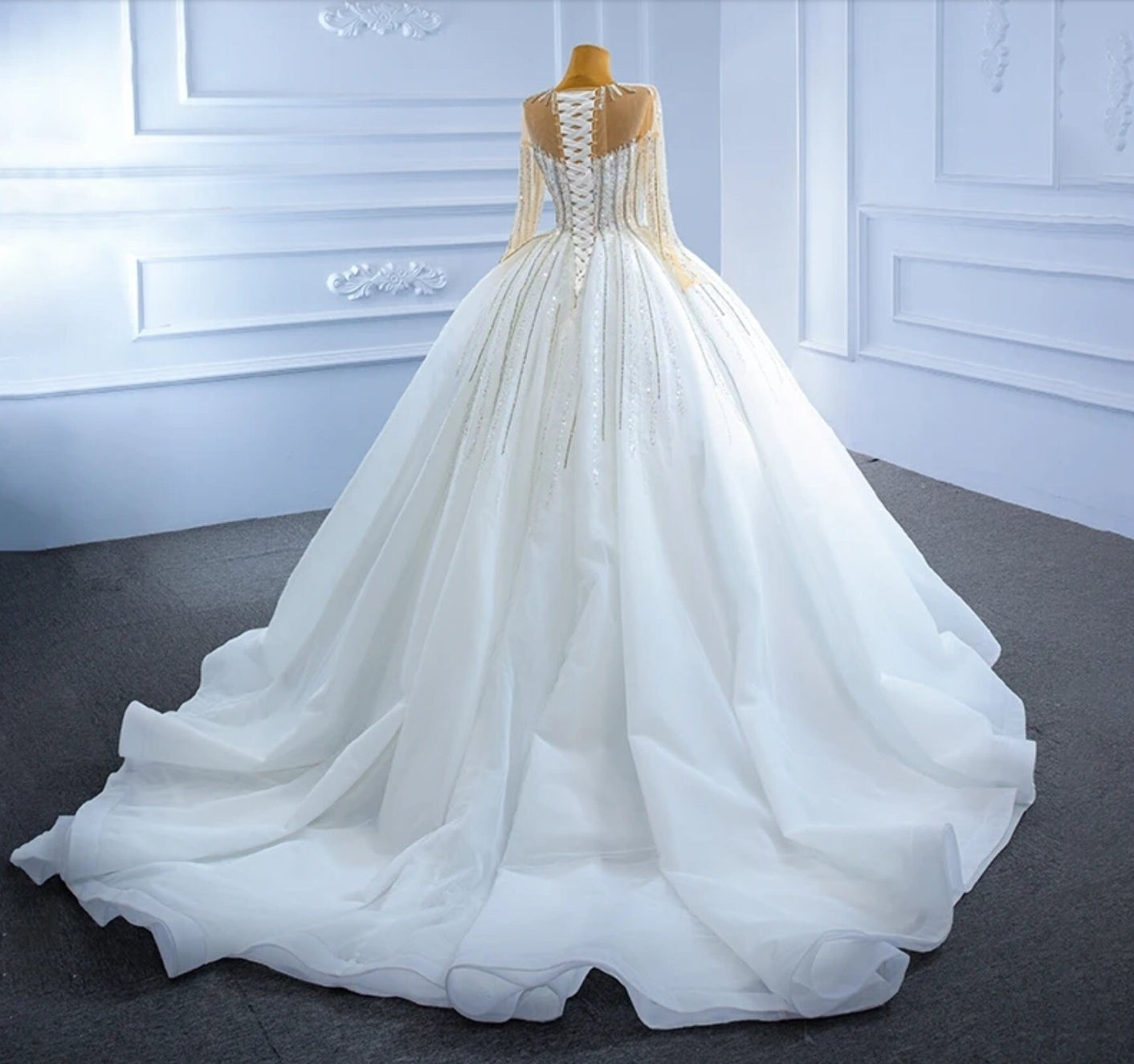 Long Sleeve Sweetheart Illusion Sequin Beaded Accented Princess A-Line Bridal Gown
