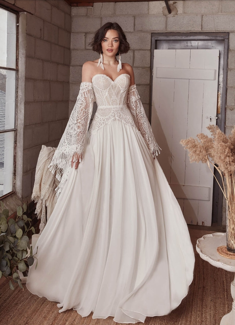 Beautiful Strapless Sweetheart Lace & Chiffon Boho Gown With Detached WenLeeBridal Beautiful Strapless Sweetheart Lace & Chiffon Boho Gown With Detached WenLeeBridal