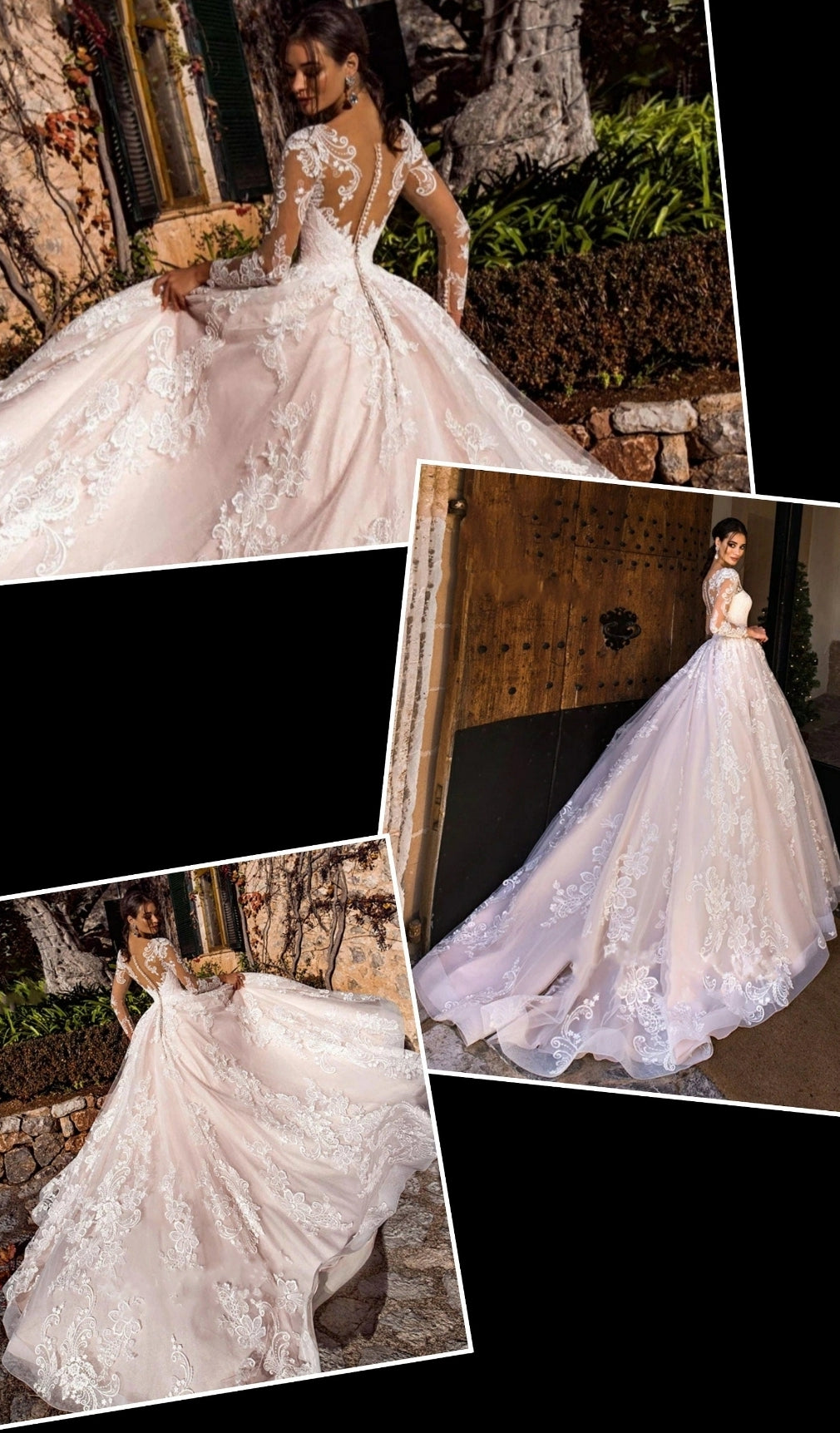 Romantic Long Sleeve Sheer Scroll Sweetheart Neckline Embroidered Princess A-Line Wedding Gown