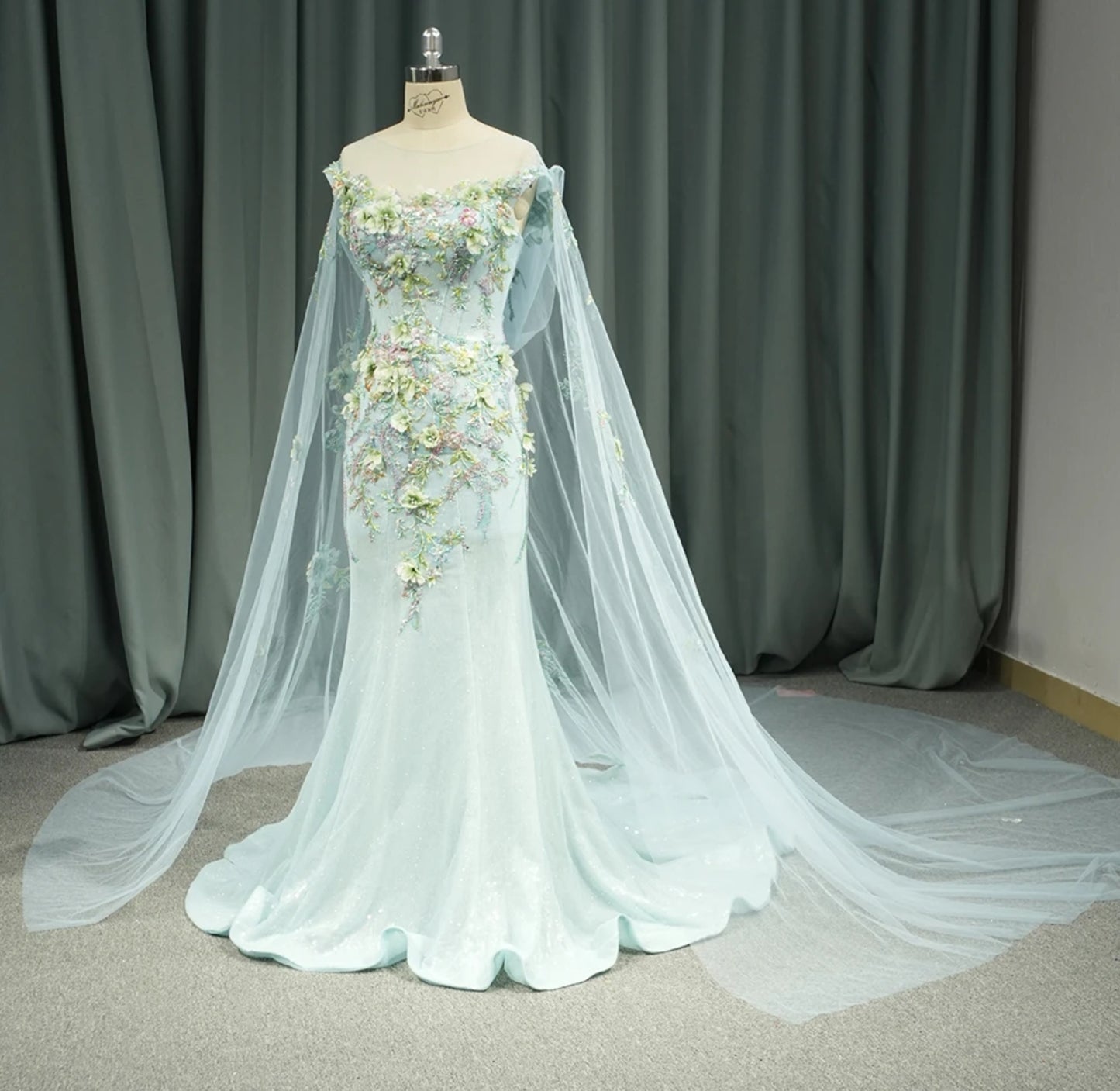 2024 Off The Shoulder Summer Flowers Gown With Sheer Hooded Cape