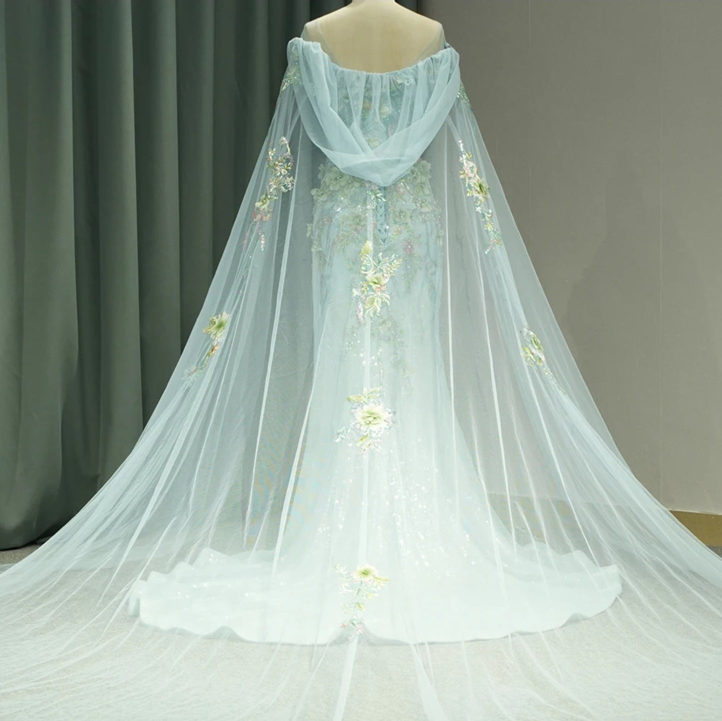 2024 Off The Shoulder Summer Flowers Gown With Sheer Hooded Cape