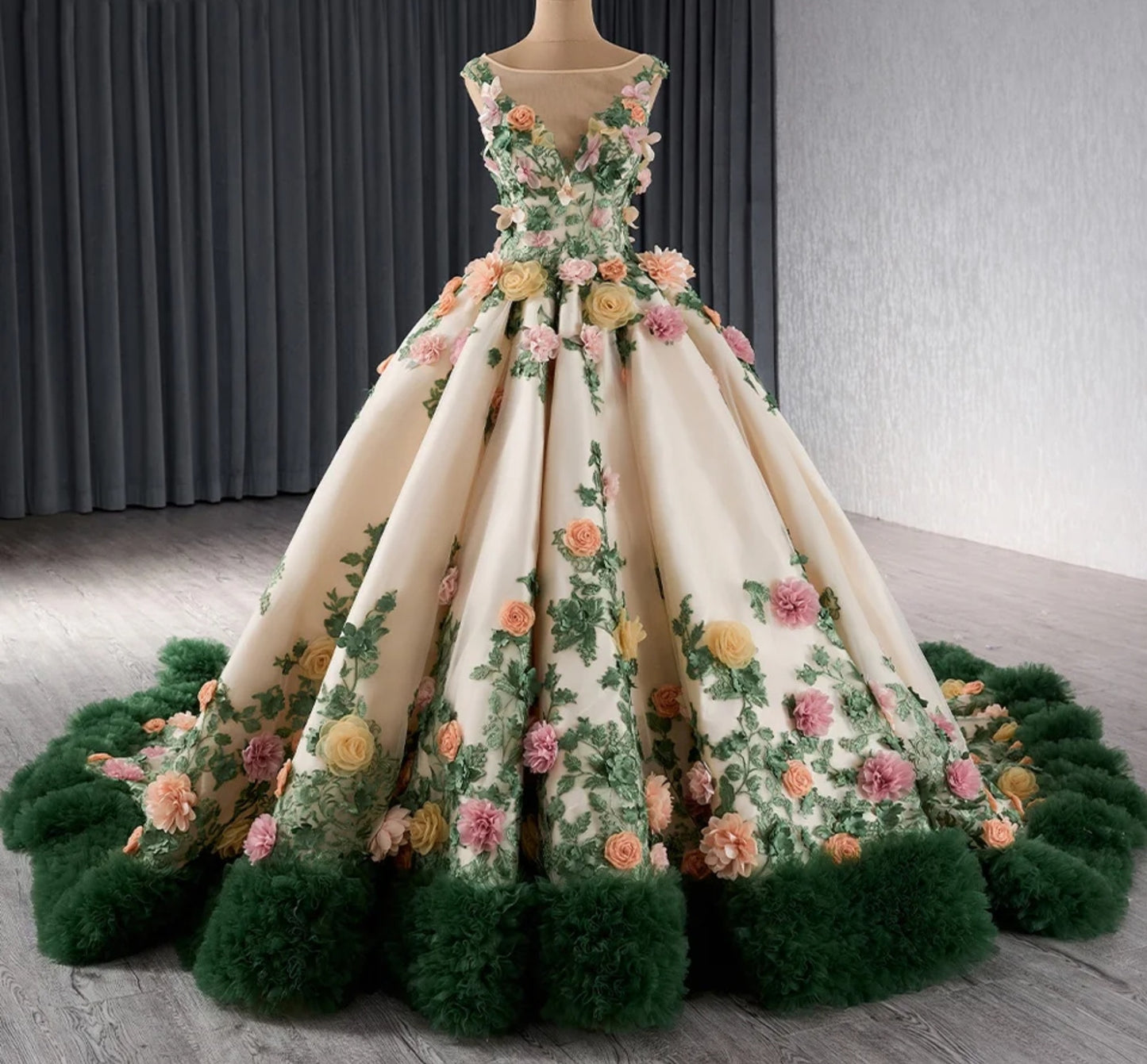 2024 Champagne V-Neck Illusion Floral Summer Night Bouquet With Green Frill Trim Quinceañera, Special Occasion Gown