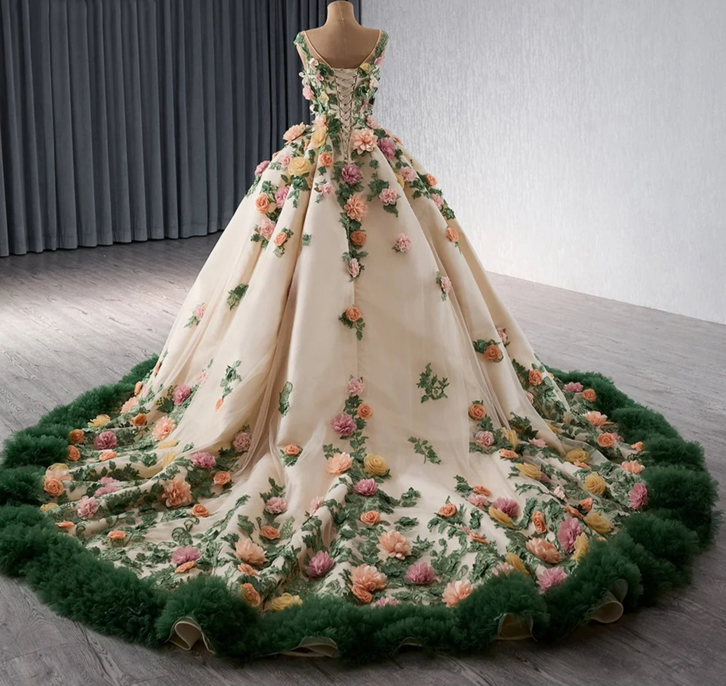 2024 Champagne V-Neck Illusion Floral Summer Night Bouquet With Green Frill Trim Quinceañera, Special Occasion Gown