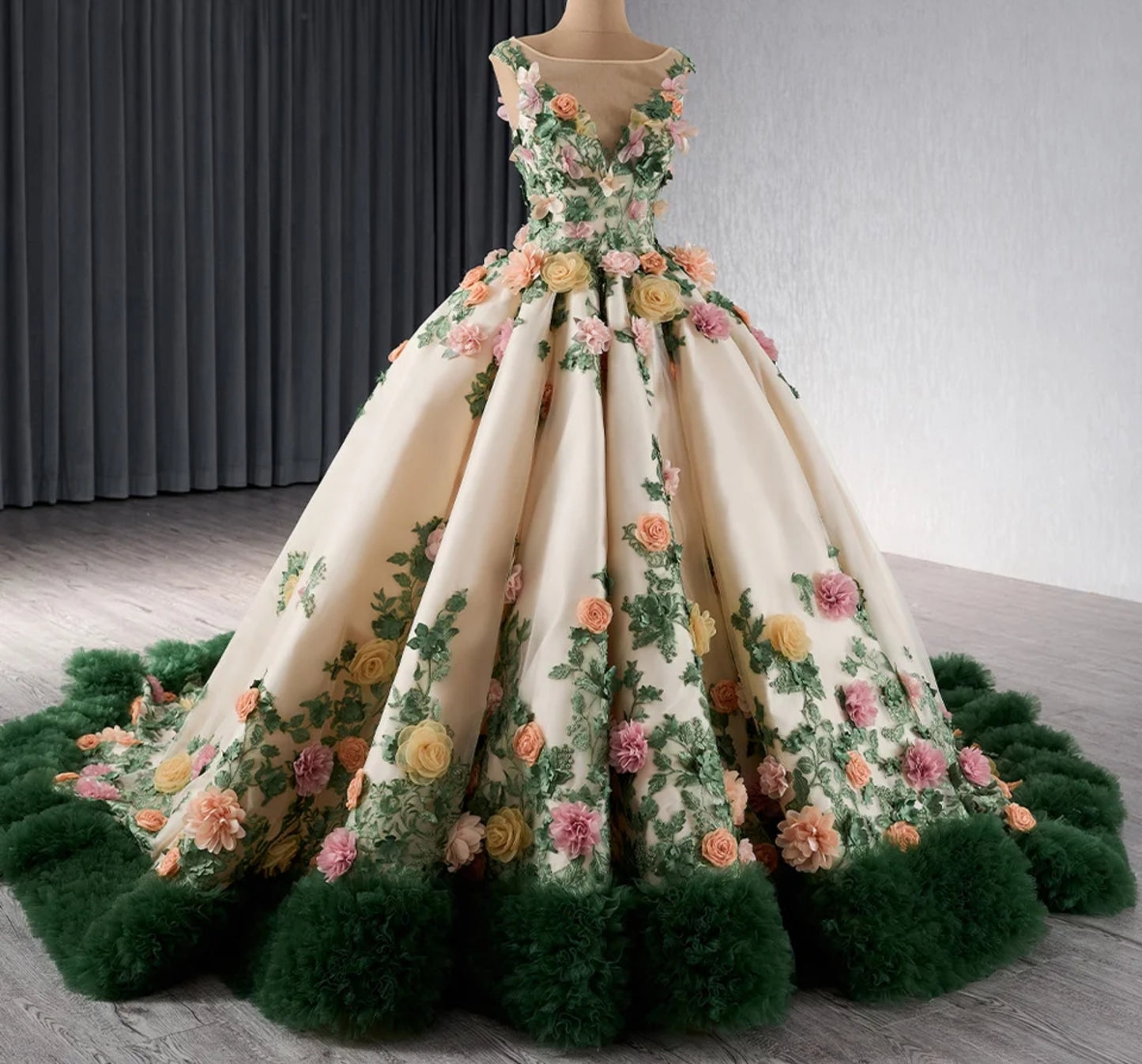 2024 Champagne V-Neck Illusion Floral Summer Night Bouquet With Green Frill Trim Quinceañera, Special Occasion Gown