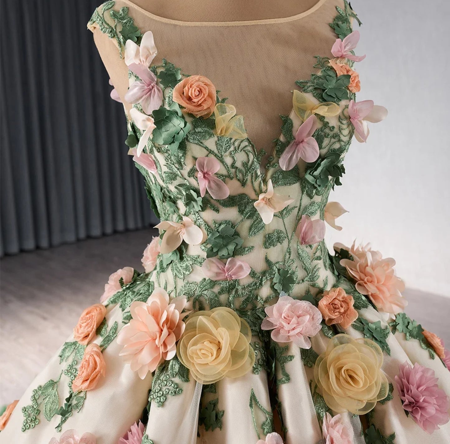 2024 Champagne V-Neck Illusion Floral Summer Night Bouquet With Green Frill Trim Quinceañera, Special Occasion Gown