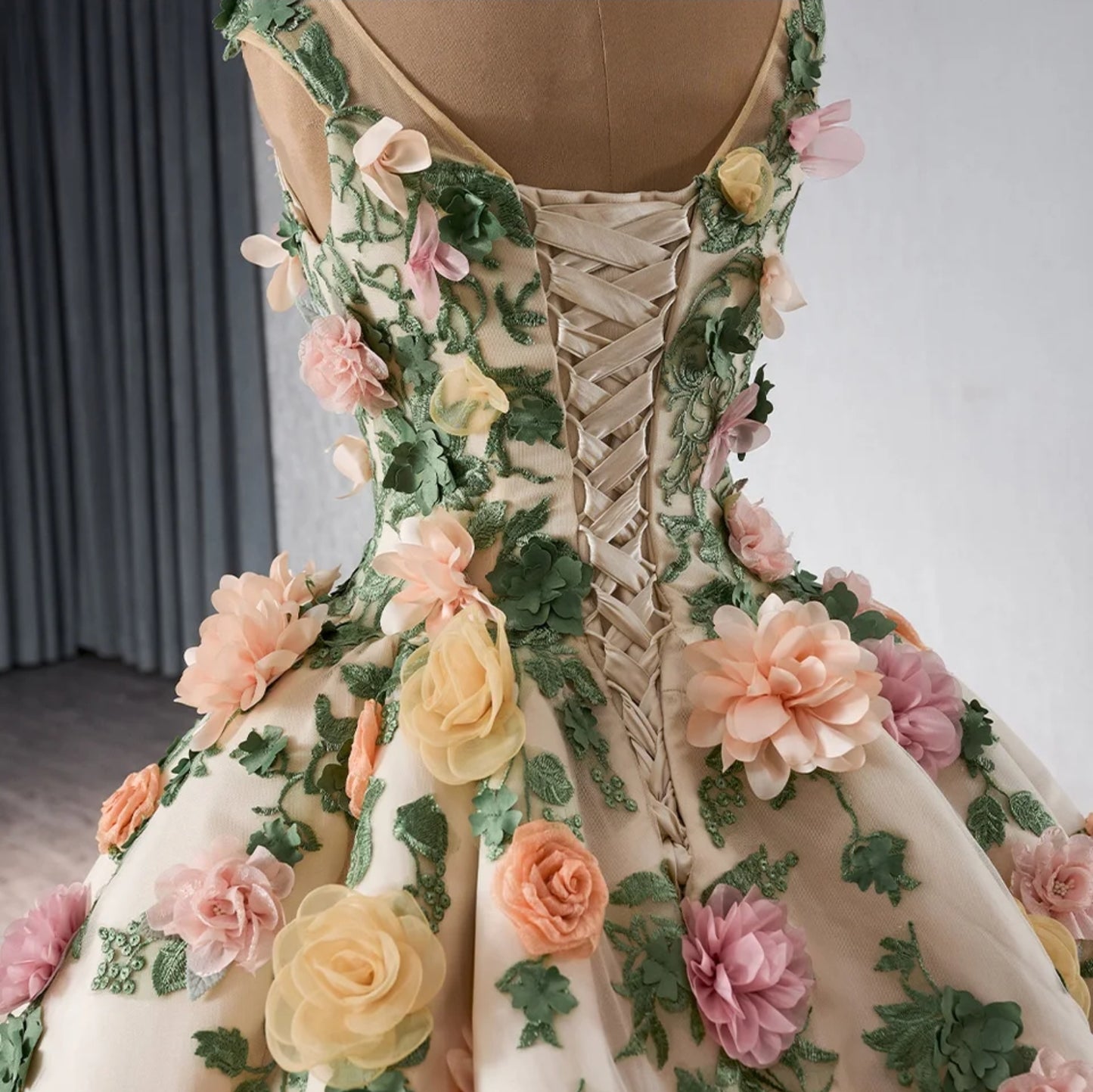 2024 Champagne V-Neck Illusion Floral Summer Night Bouquet With Green Frill Trim Quinceañera, Special Occasion Gown