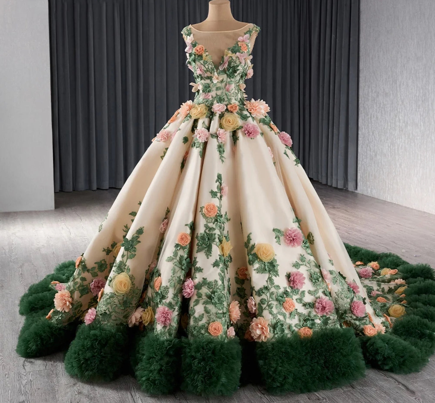 2024 Champagne V-Neck Illusion Floral Summer Night Bouquet With Green Frill Trim Quinceañera, Special Occasion Gown
