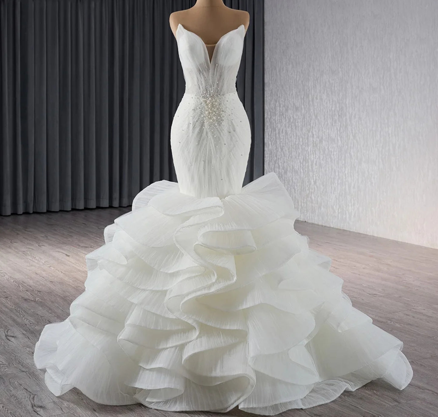 2024 Curved Sweetheart Neckline Pleated Fit To Flare Multi Beaded Bodice Embellishment Fishtail Bridal Gown