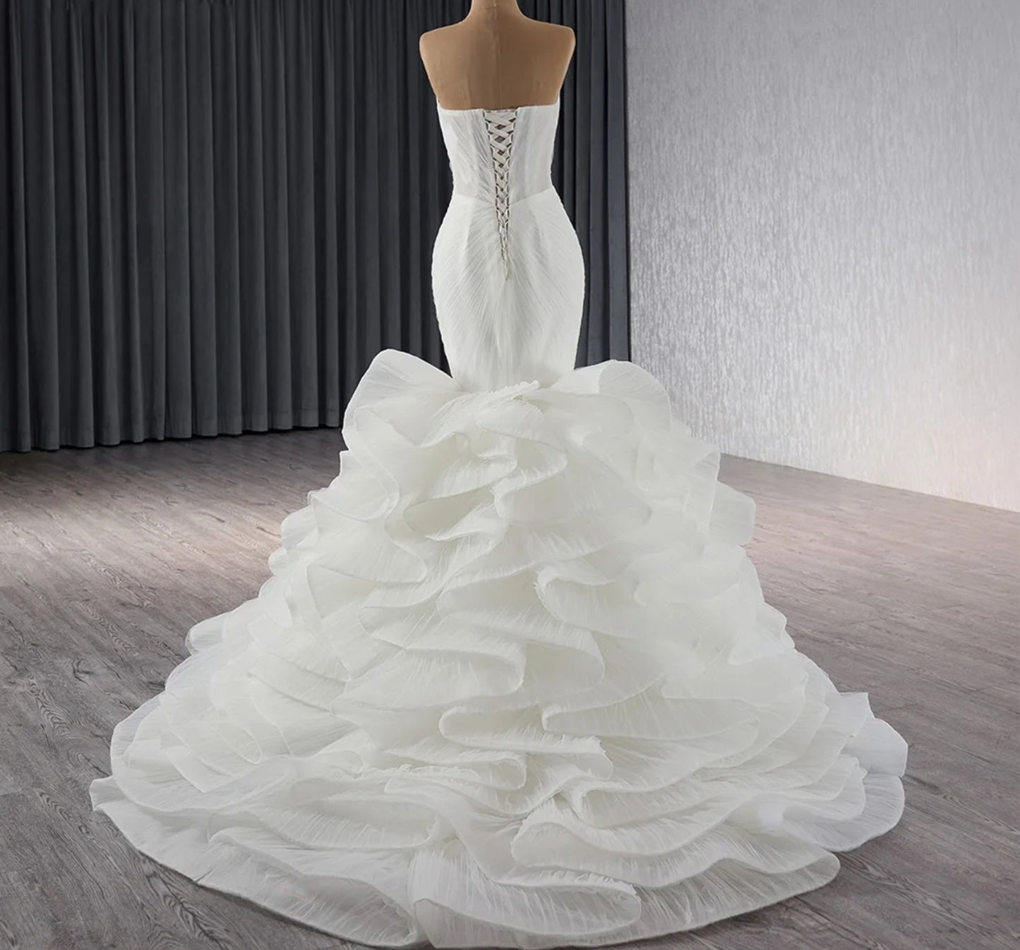 2024 Curved Sweetheart Neckline Pleated Fit To Flare Multi Beaded Bodice Embellishment Fishtail Bridal Gown