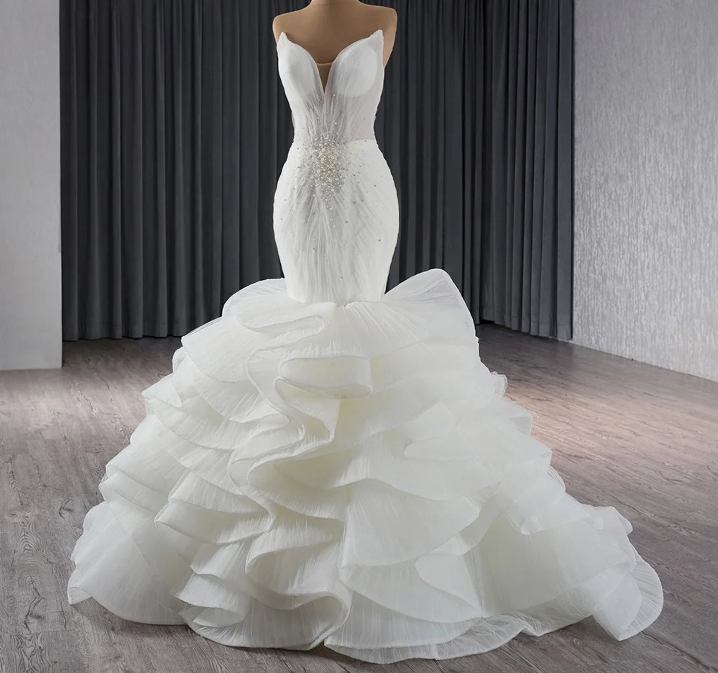2024 Curved Sweetheart Neckline Pleated Fit To Flare Multi Beaded Bodice Embellishment Fishtail Bridal Gown