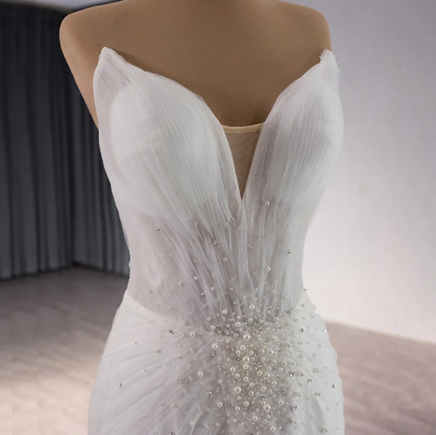 2024 Curved Sweetheart Neckline Pleated Fit To Flare Multi Beaded Bodice Embellishment Fishtail Bridal Gown