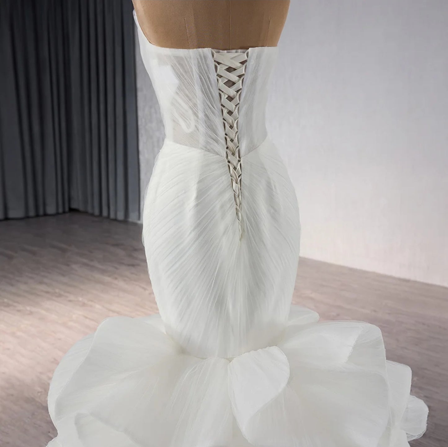 2024 Curved Sweetheart Neckline Pleated Fit To Flare Multi Beaded Bodice Embellishment Fishtail Bridal Gown