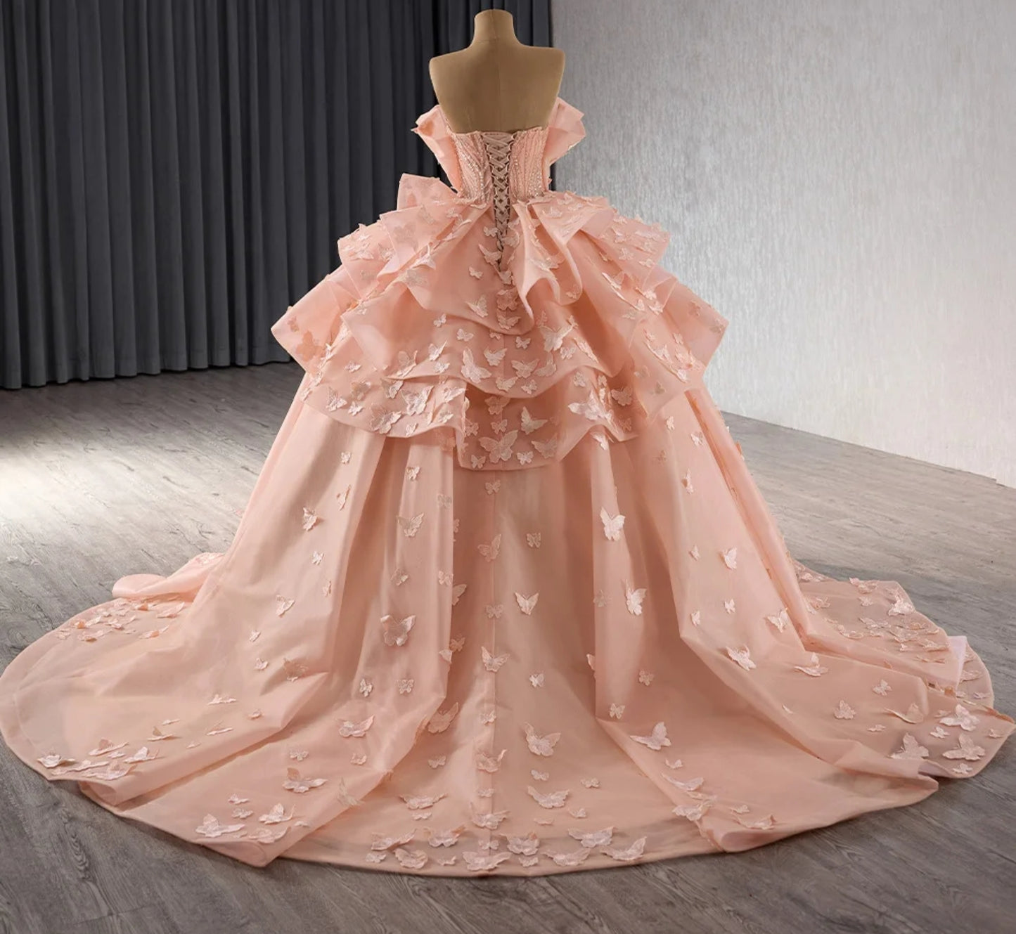 Strapless Boat Neck With Sculpted Overlay Scattered Butterfly Appliqué Quinceañera, Special Occasion, Bat Mitzvah, Sweet Sixteen, Pageant, Gala Ball Gown