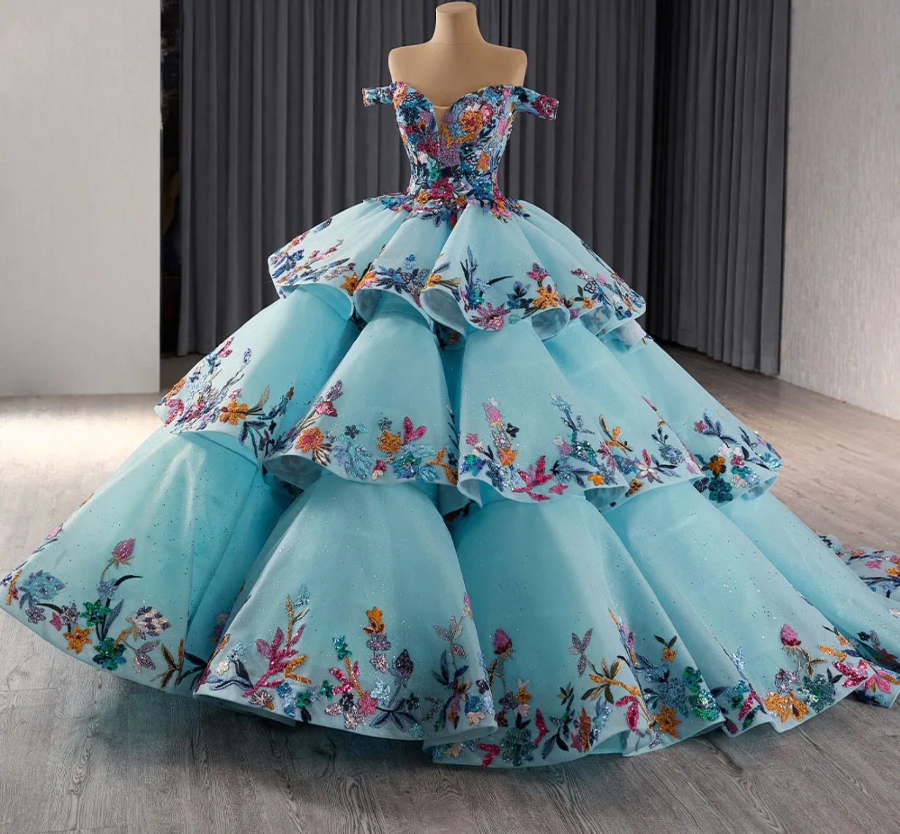 Off The Shoulder Multi Color Floral Sequinned Appliqu Sweetheart Neck WenLeeBridal Off The Shoulder Multi Color Floral Sequinned Appliqu Sweetheart Neck WenLeeBridal