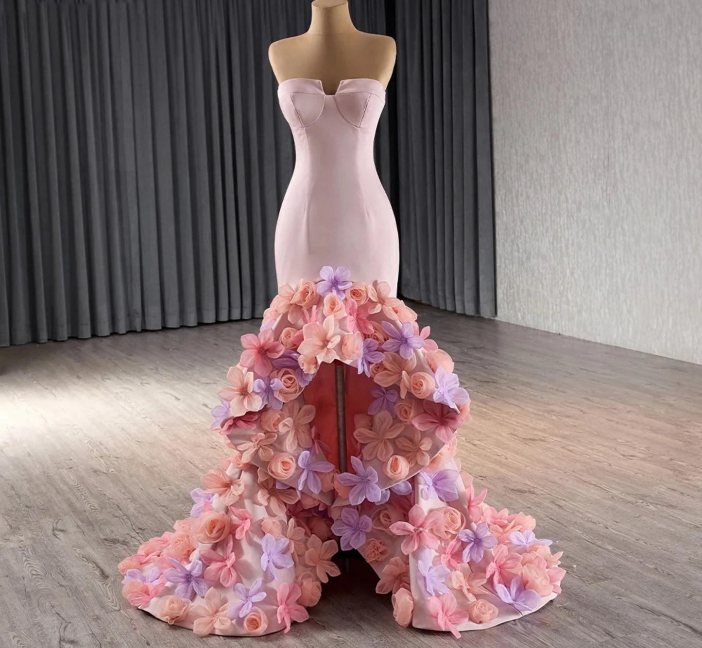 2024 Multi Color 3D Floral Appliqué Trim High Low Special Occasion Mermaid Gown With Fishtail And Detached Matching Sleeves