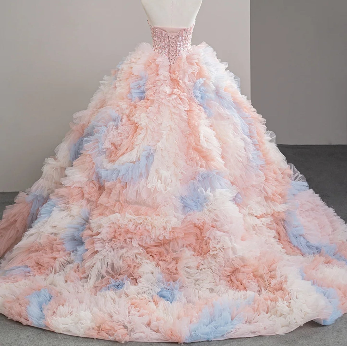 Sparkling Strapless Boat Neck Multi Frilled A-Line Pinks And Blues Special Occasion 2024 Ball Gown