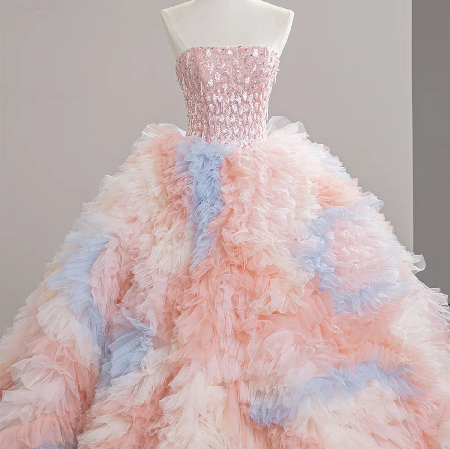 Sparkling Strapless Boat Neck Multi Frilled A-Line Pinks And Blues Special Occasion 2024 Ball Gown