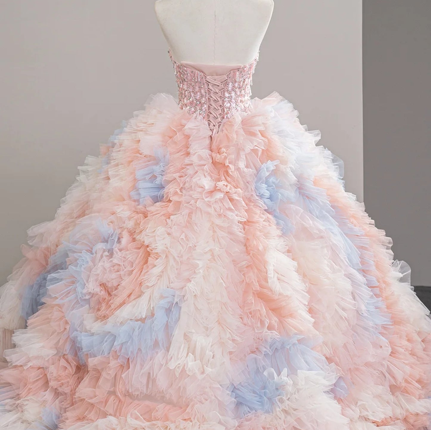 Sparkling Strapless Boat Neck Multi Frilled A-Line Pinks And Blues Special Occasion 2024 Ball Gown