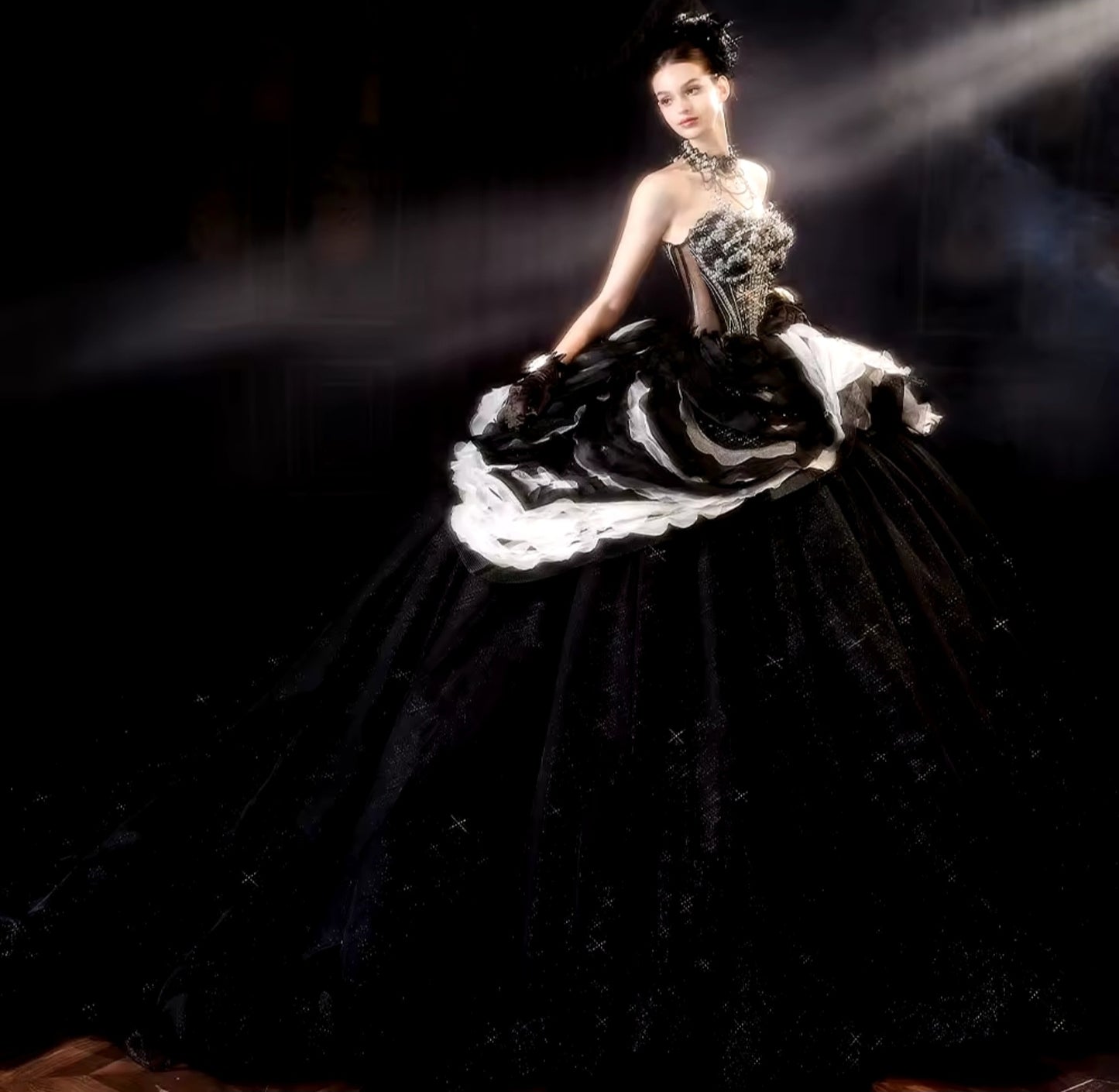 2024 Gorgeous Non-Traditional Black And White Strapless Layered Sparkling Multi Beaded Corset Boudoir Style Wedding Ball Gown