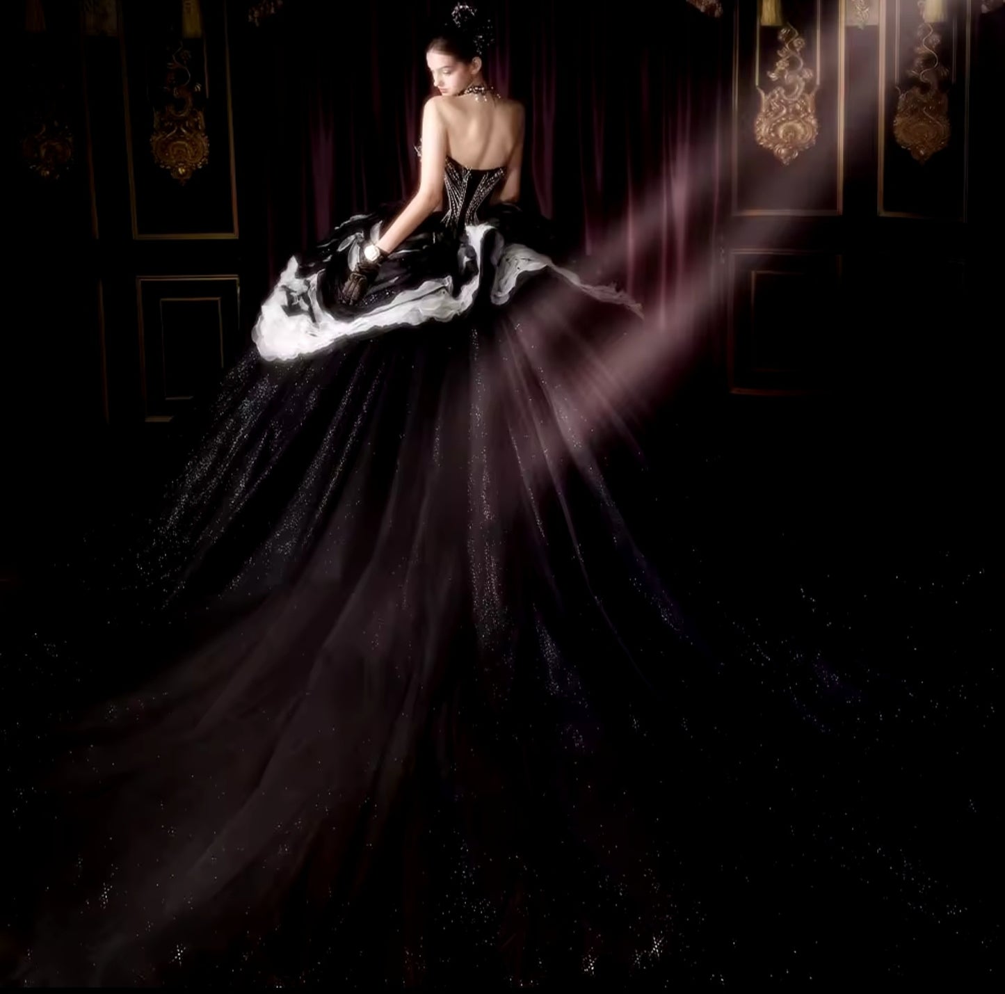 2024 Gorgeous Non-Traditional Black And White Strapless Layered Sparkling Multi Beaded Corset Boudoir Style Wedding Ball Gown
