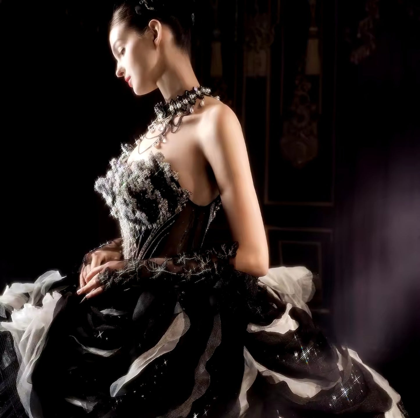2024 Gorgeous Non-Traditional Black And White Strapless Layered Sparkling Multi Beaded Corset Boudoir Style Wedding Ball Gown