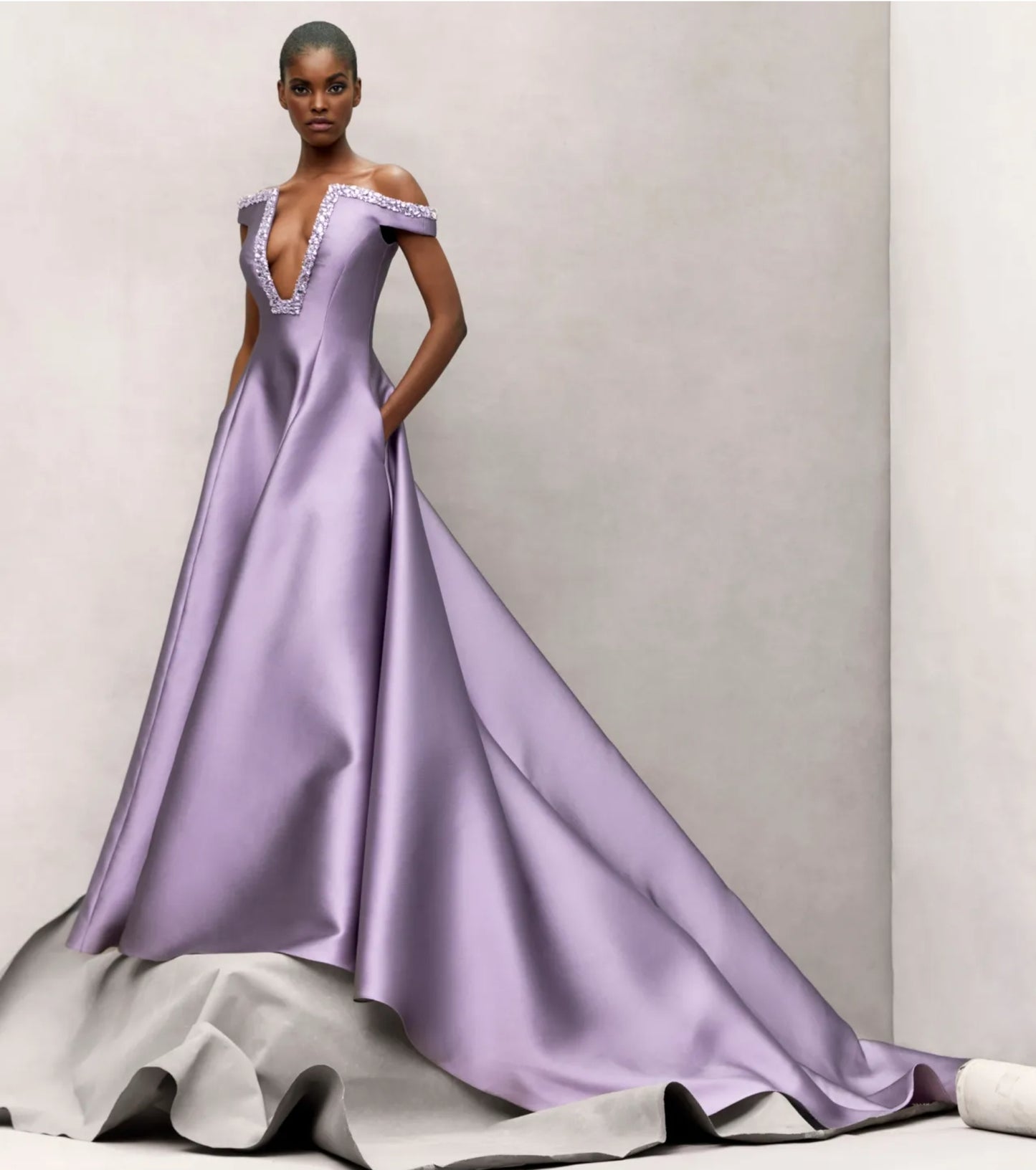 Off The Shoulder Plunging Square Neck Multi Beaded Embellished Mikado Gown