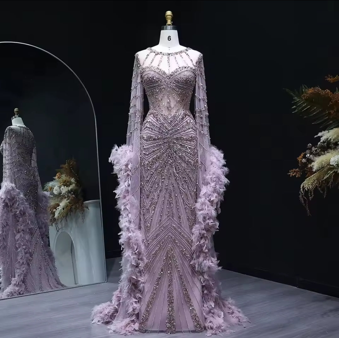 Stunning Multi Beaded Throughout Mermaid Special Occasion Gown With Feather Detail Long Sleeves