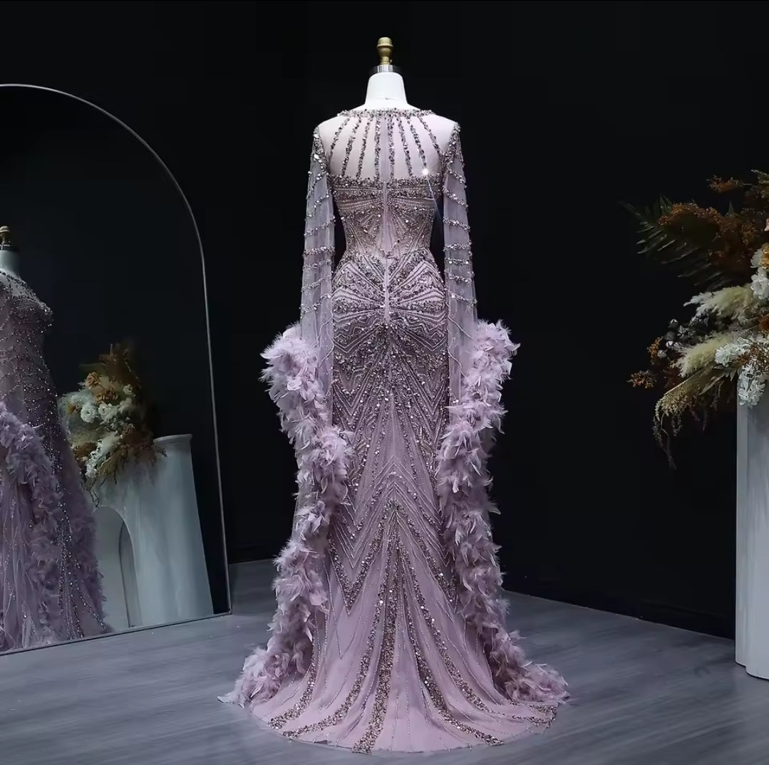 Stunning Multi Beaded Throughout Mermaid Special Occasion Gown With Feather Detail Long Sleeves