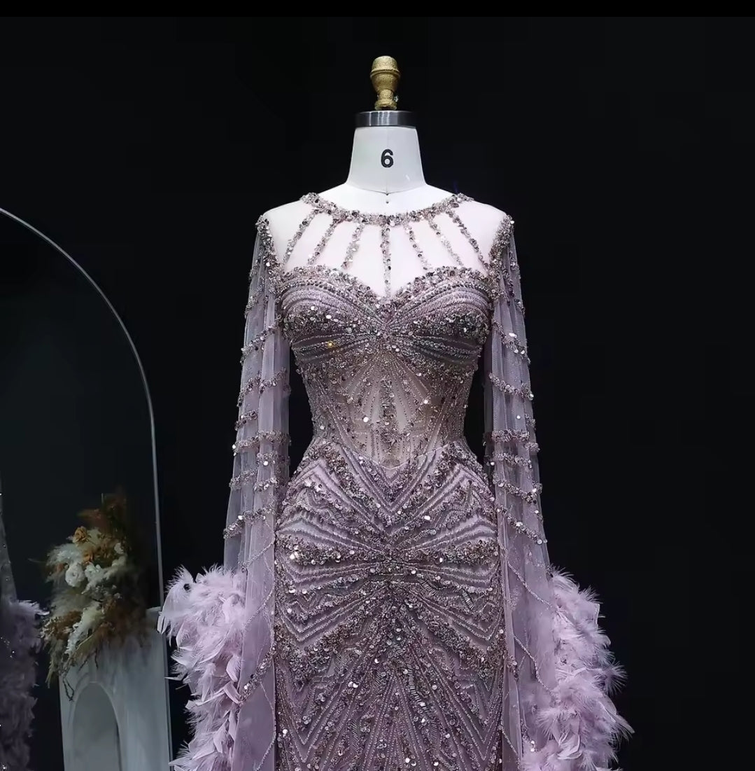Stunning Multi Beaded Throughout Mermaid Special Occasion Gown With Feather Detail Long Sleeves