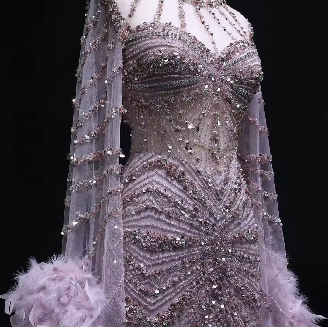 Stunning Multi Beaded Throughout Mermaid Special Occasion Gown With Feather Detail Long Sleeves