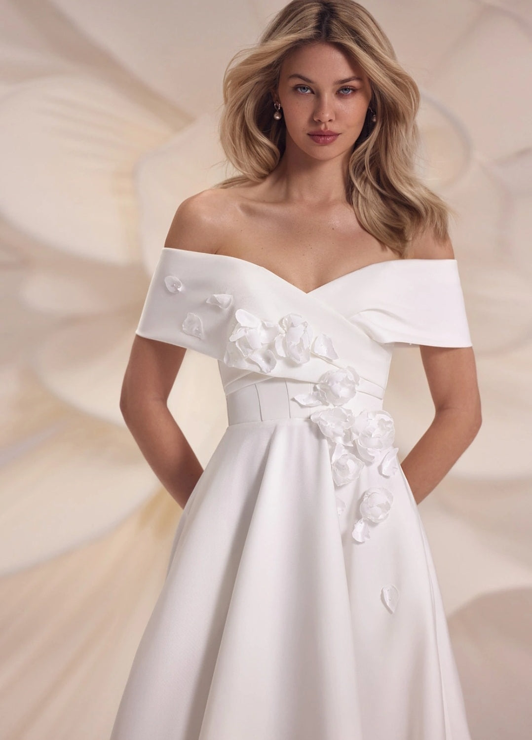 Wide Off The Shoulder Floral Motiff Pleated Bodice A-Line Bridal Gown
