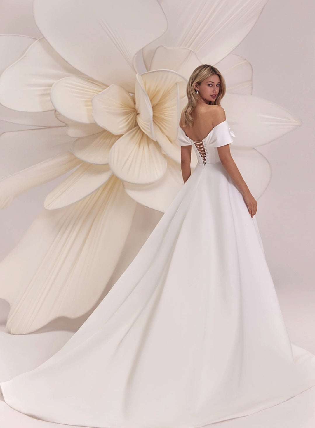 Wide Off The Shoulder Floral Motiff Pleated Bodice A-Line Bridal Gown