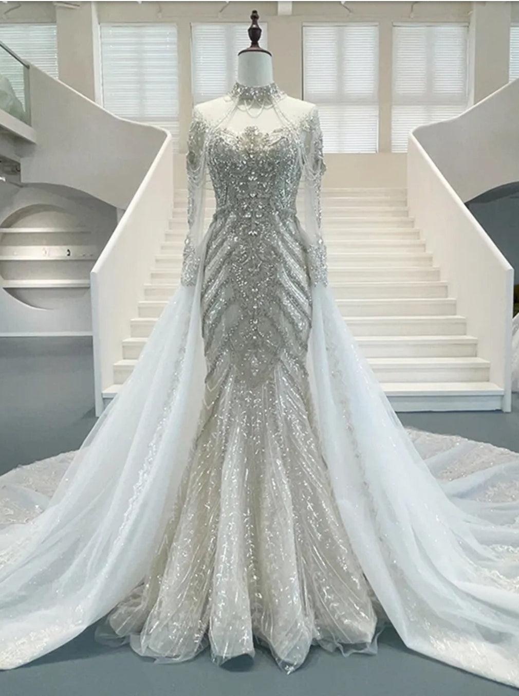 2023 Multi Crystal Beaded Illusion High Neck Sheer Long Sleeve Embroidered Trumpet/Mermaid Gown With 2 In 1 Detachable Train
