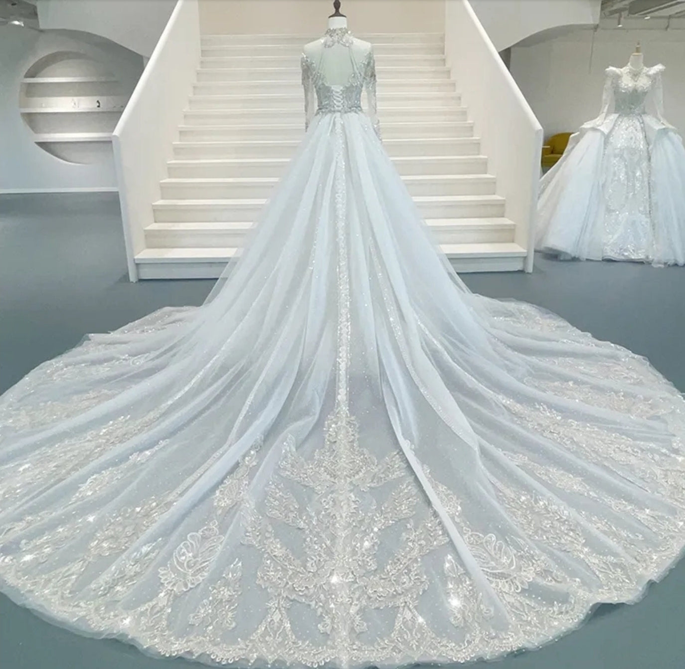 2023 Multi Crystal Beaded Illusion High Neck Sheer Long Sleeve Embroidered Trumpet/Mermaid Gown With 2 In 1 Detachable Train