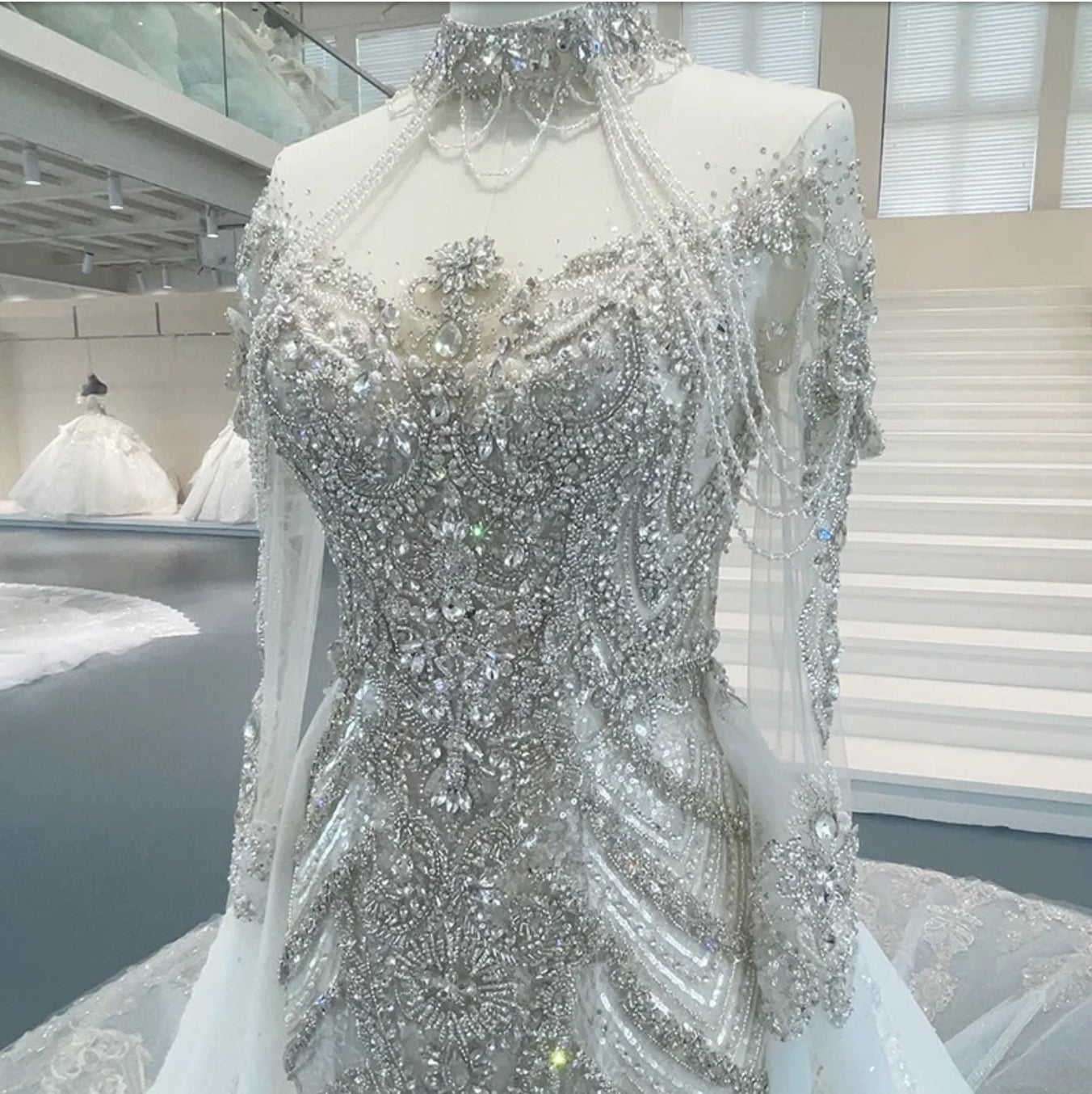 2023 Multi Crystal Beaded Illusion High Neck Sheer Long Sleeve Embroidered Trumpet/Mermaid Gown With 2 In 1 Detachable Train