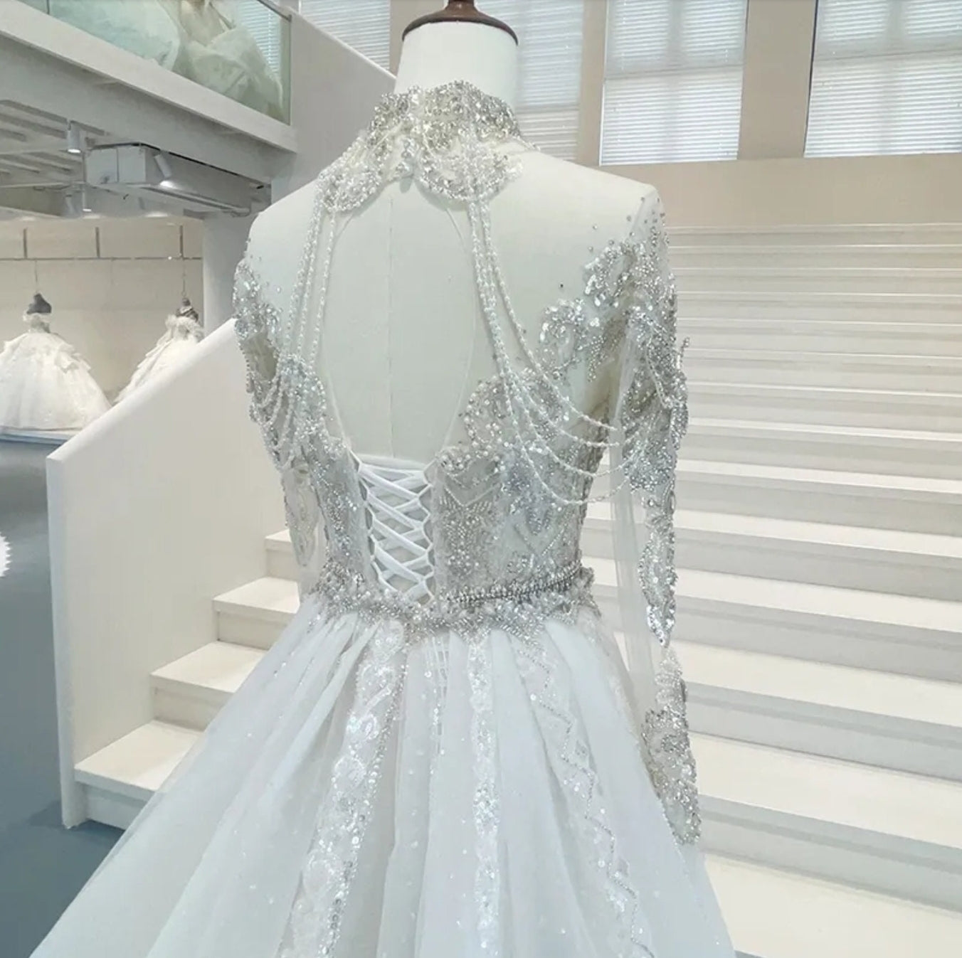 2023 Multi Crystal Beaded Illusion High Neck Sheer Long Sleeve Embroidered Trumpet/Mermaid Gown With 2 In 1 Detachable Train